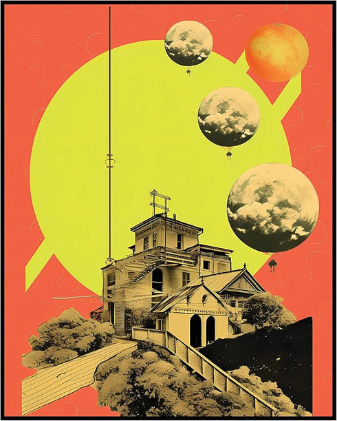 Posterizer 1 pcs-retro surreal happy bright planets collage-Astronomy & Celestial Art-Abstract & Modern Art-Gift for Art Lovers- UNFRAMED Wall Art...